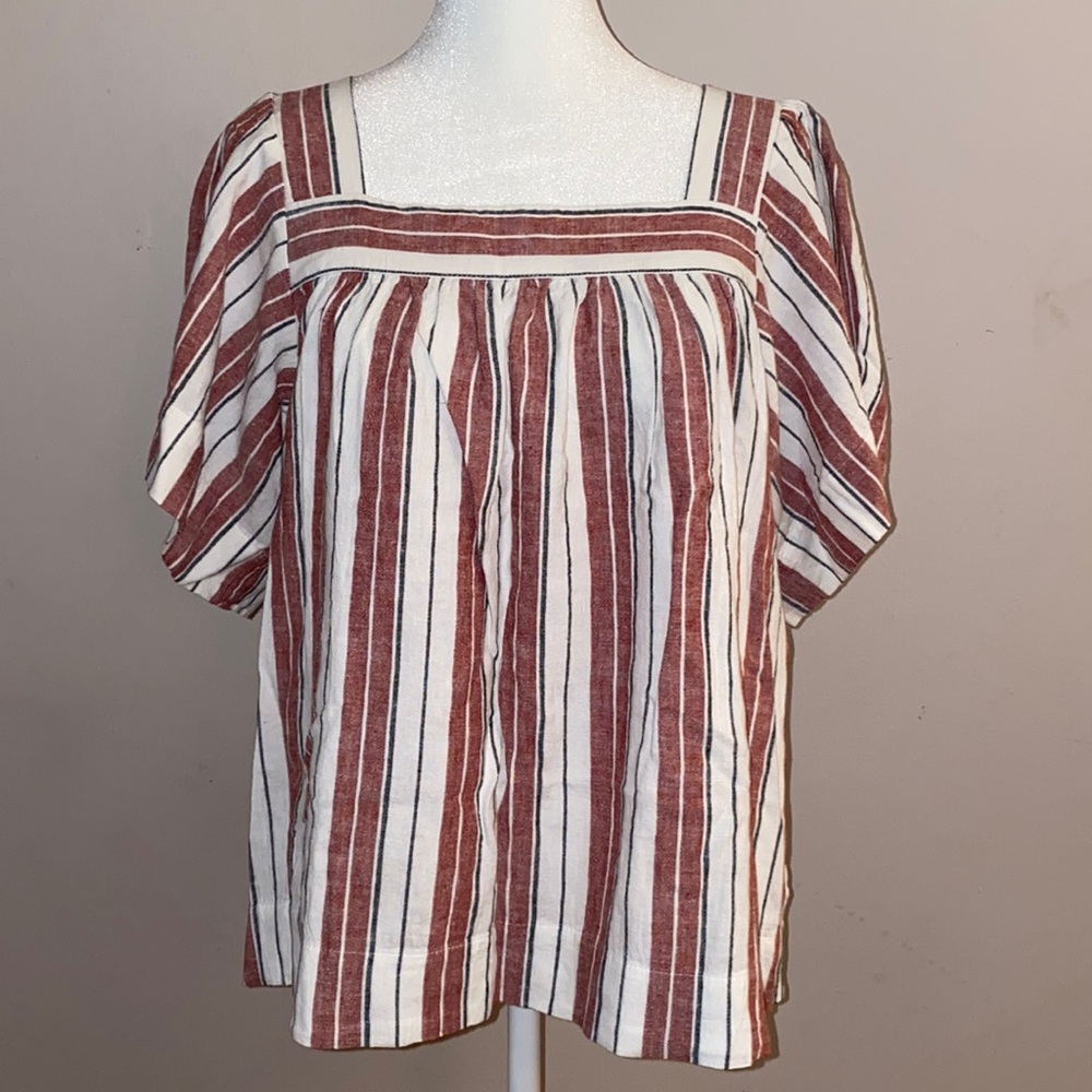 Loft Striped Linen Blend Short Sleeve Blouse